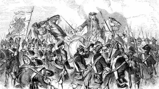 Kronprinz Friedrich Wilhelm in der Schlacht bei Malplaquet im Jahr 1709, Belgien (Illustration) Kronprinz Friedrich Wilhelm in der Schlacht bei Malplaquet im Jahr 1709, Belgien (Illustration)