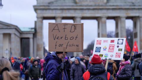 Ein älterer Mann hät ein Schild auf dem steht "AfD Verbot for future" bei einer Demonstration der Bewegung Fridays for Future unter dem Motto 'Demokratie verteidigen' am Brandenburger Tor. 