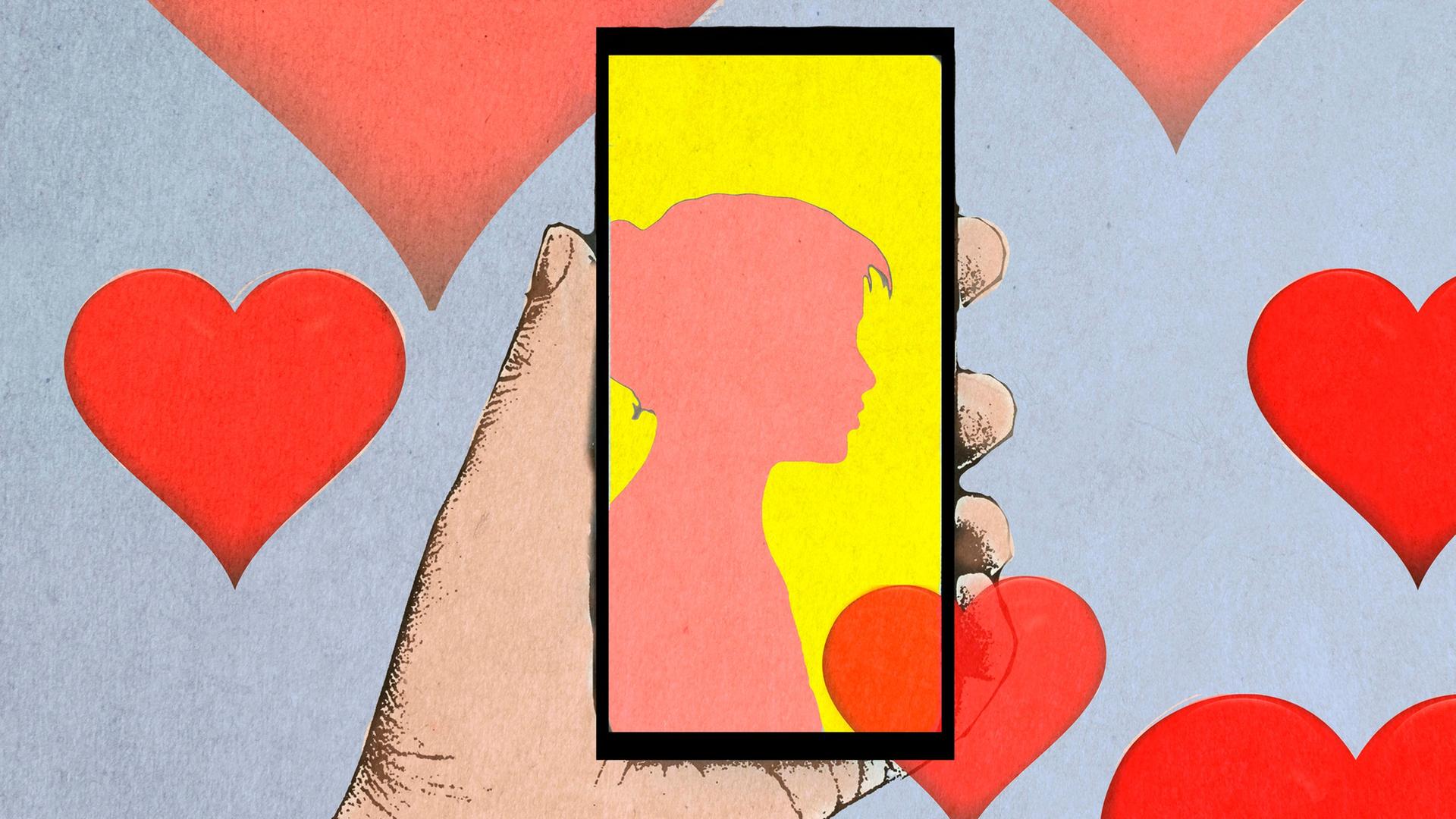 Illustration: Herzen, die über der Hand einer Person schweben, die ein Smartphone hält, das die Silhouette einer Frau zeigt
