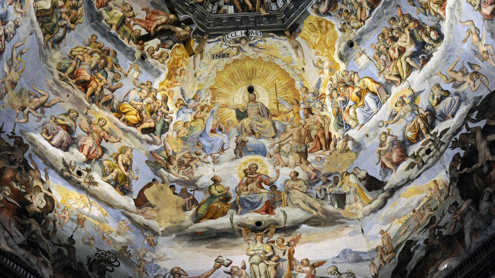 Ein Deckenfresko im Dom von Florenz mit einer Darstellung des Jüngsten Gerichts. Im Zentrum des Gemäldes sieht man eine Figur umgeben von einem runden Lichtschein.