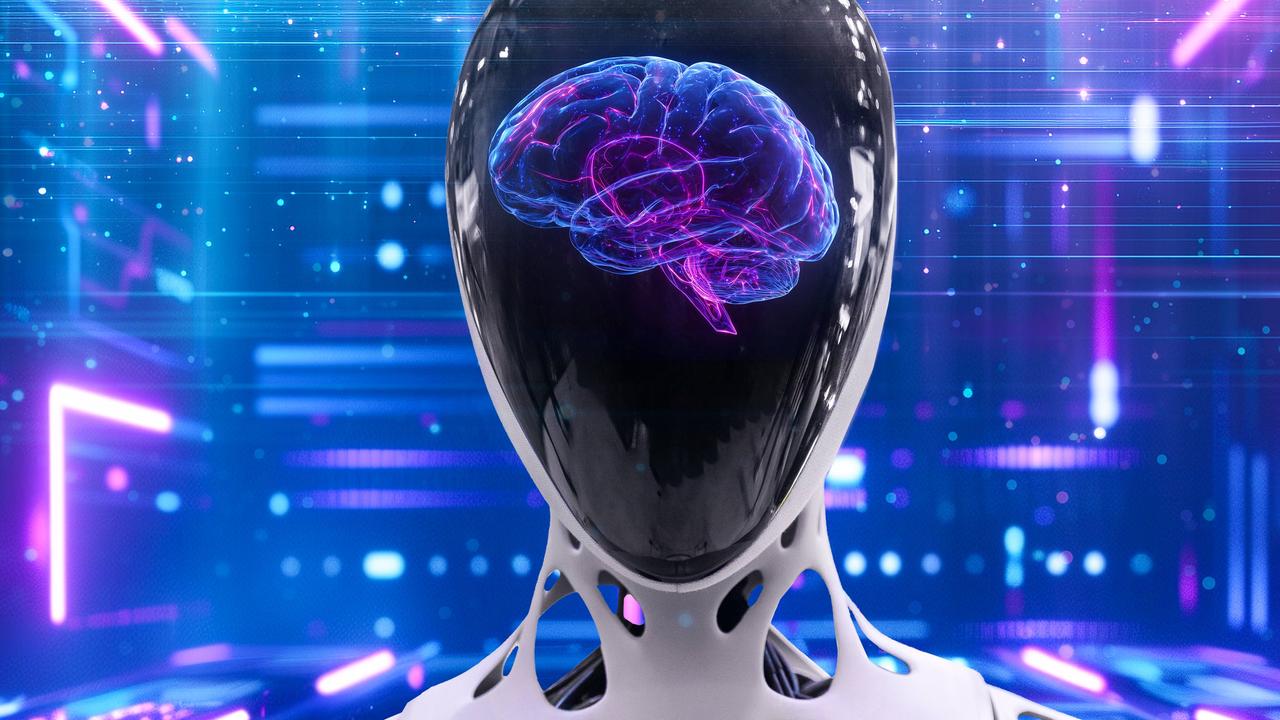 Eine Fontomontage zeigt einen futuristischen Roboter mit einem visualisierten Gehirn, der die Verschmelzung von menschlicher Intelligenz und künstlicher Technologie symbolisiert