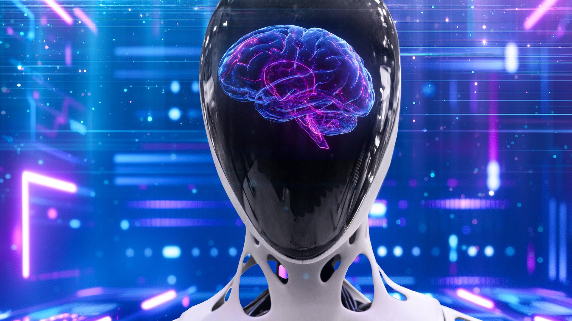 Eine Fontomontage zeigt einen futuristischen Roboter mit einem visualisierten Gehirn, der die Verschmelzung von menschlicher Intelligenz und künstlicher Technologie symbolisiert