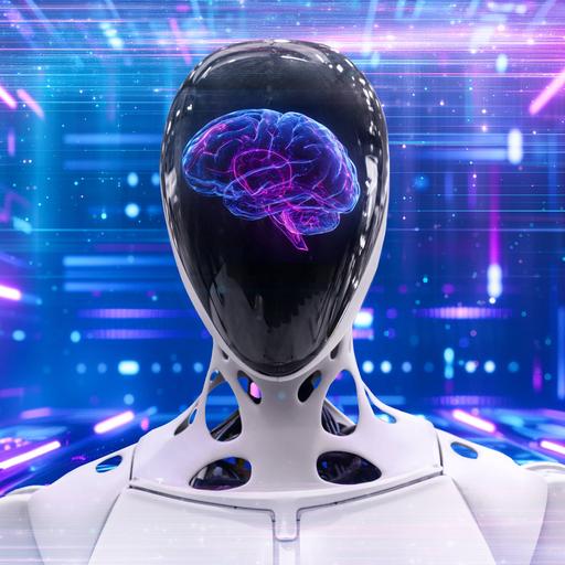 Eine Fontomontage zeigt einen futuristischen Roboter mit einem visualisierten Gehirn, der die Verschmelzung von menschlicher Intelligenz und künstlicher Technologie symbolisiert