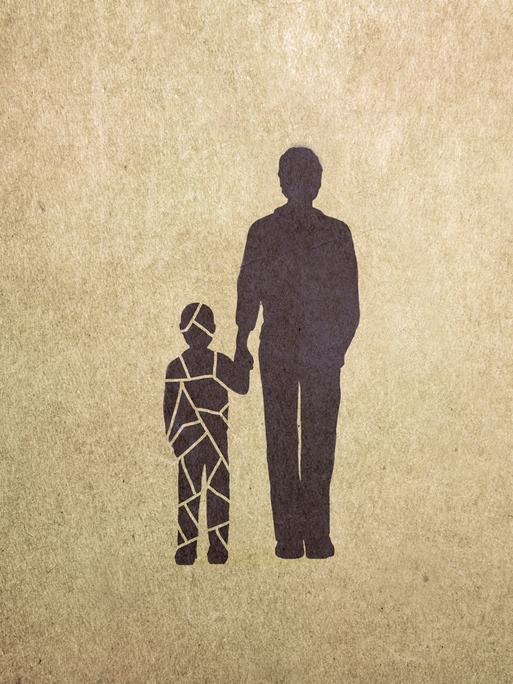 Illustration: Ein Mann hält die Hand eines Kindes, das sich auflöst und in kleine Teile zerspringt.