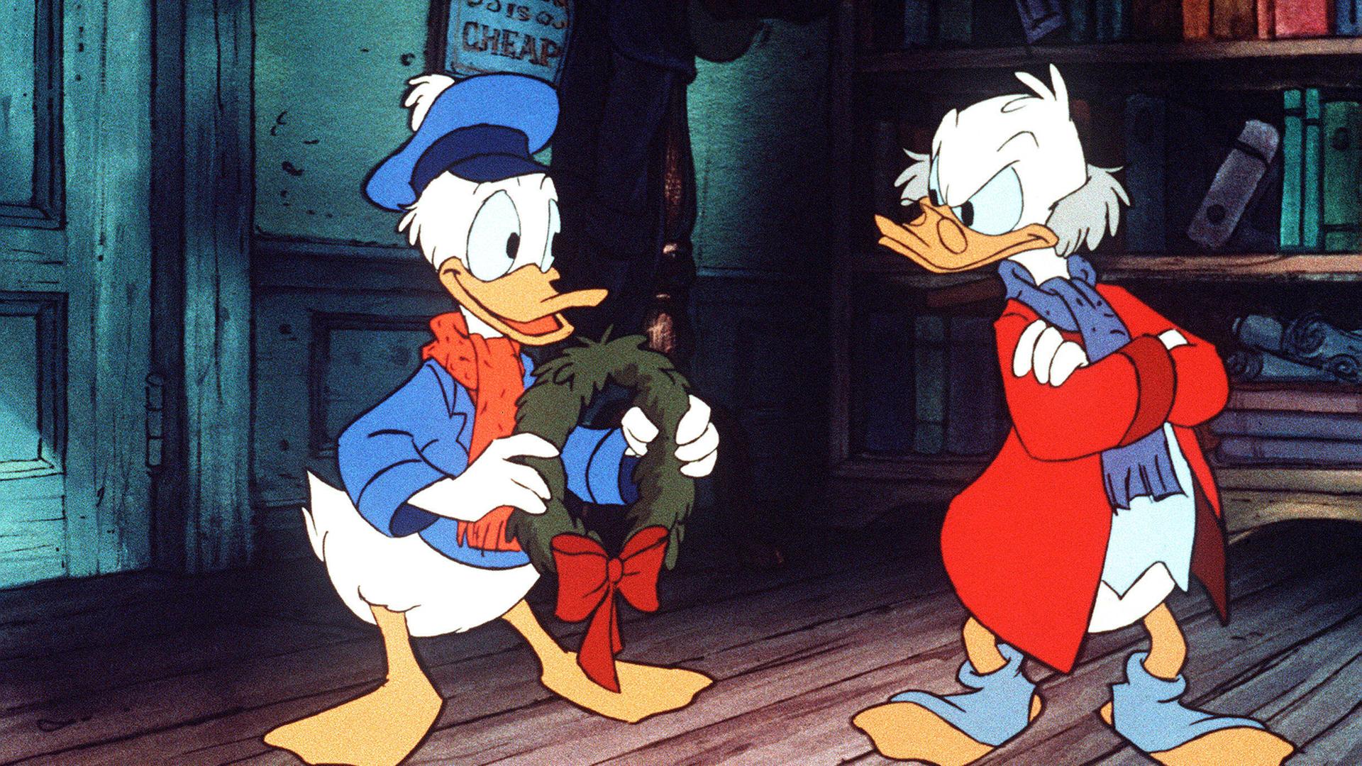 Donald und Dagobert Duck in einer Filmszene. Donald und Dagobert Duck in einer Filmszene.