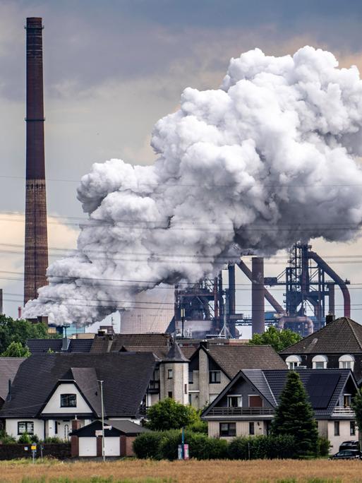 Hüttenwerke von Krupp-Mannesmann in Duisburg-Hüttenheim. Zu sehen sind  Im Fordergrund Wohnhäuser in Duisburg-Muendelheim, Dahinter Hochöfen, Kokerei, Löschwolke der Kokerei.