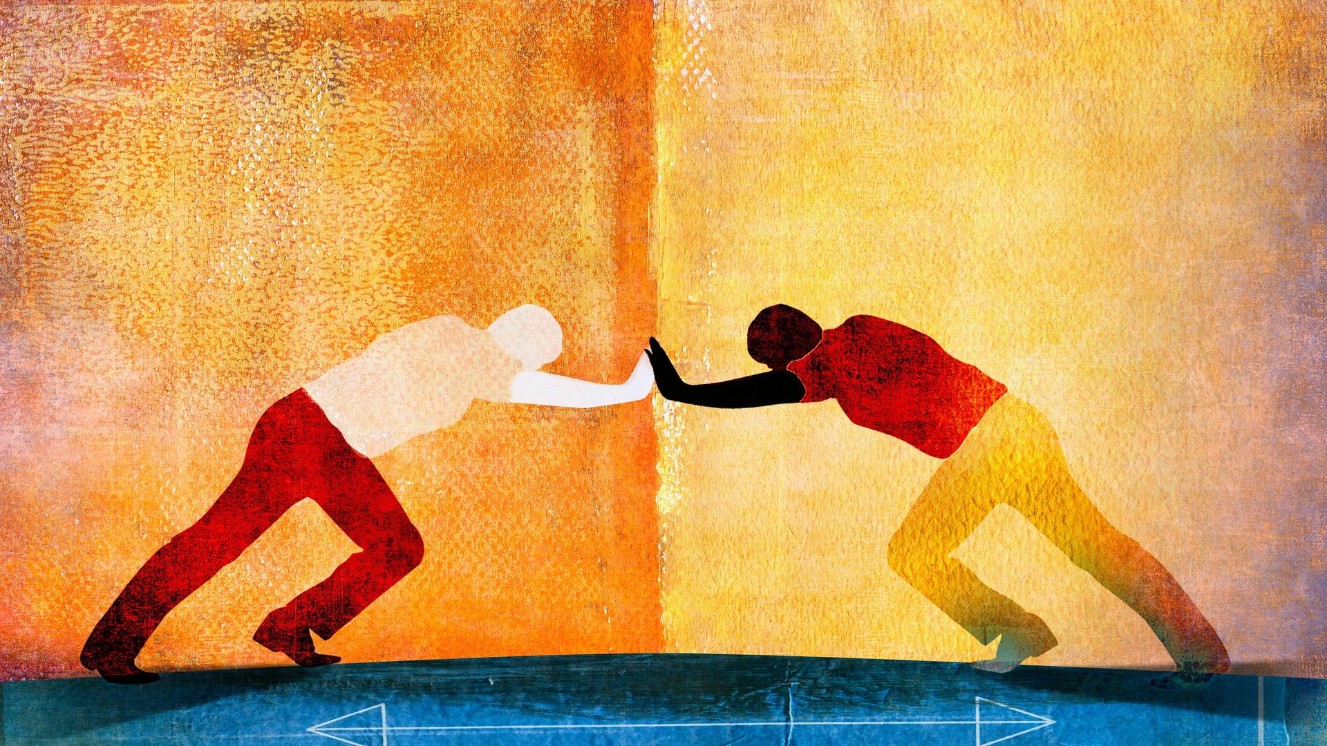 Orange-gelb-blaue Illustration zweier Personen, die konfrontativ gegeneinander drücken. Darunter vor blauem Hintergrund weisse Pfeile die sowohl nach links als auch nach rechts zeigen.