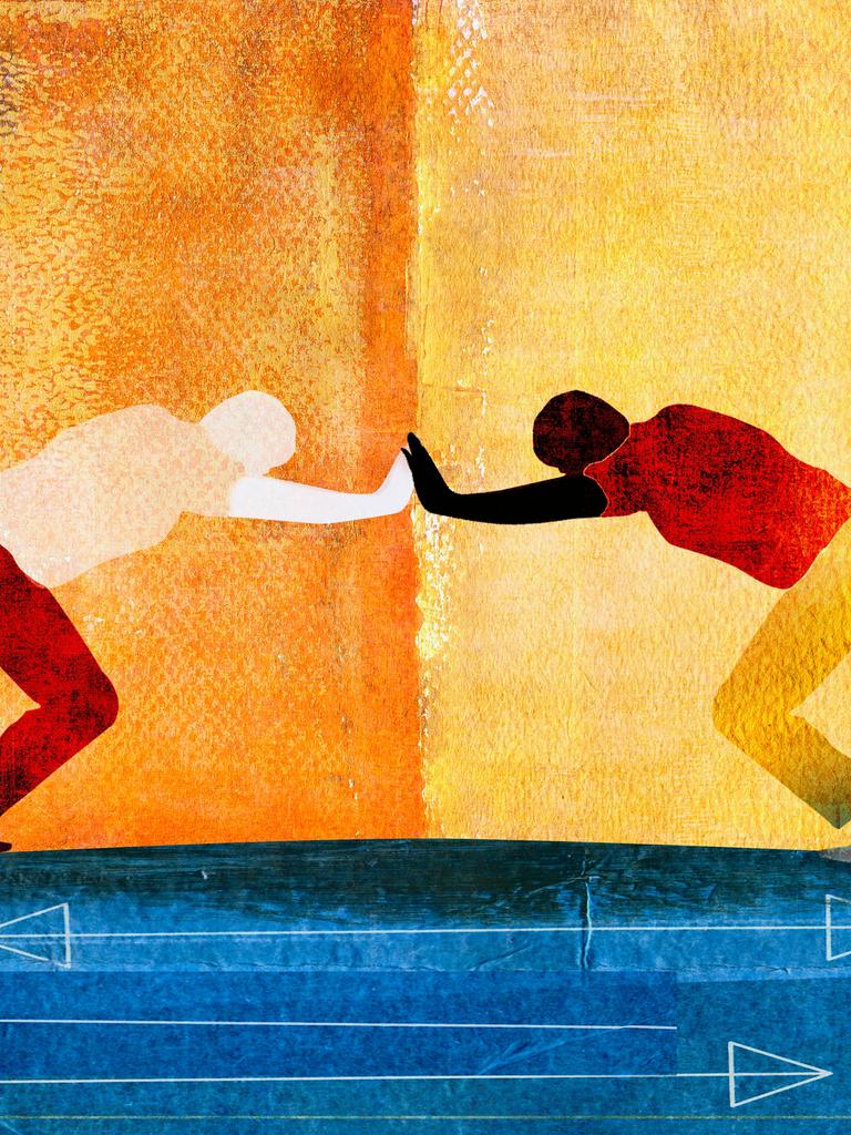 Orange-gelb-blaue Illustration zweier Personen, die konfrontativ gegeneinander drücken. Darunter vor blauem Hintergrund weisse Pfeile die sowohl nach links als auch nach rechts zeigen.