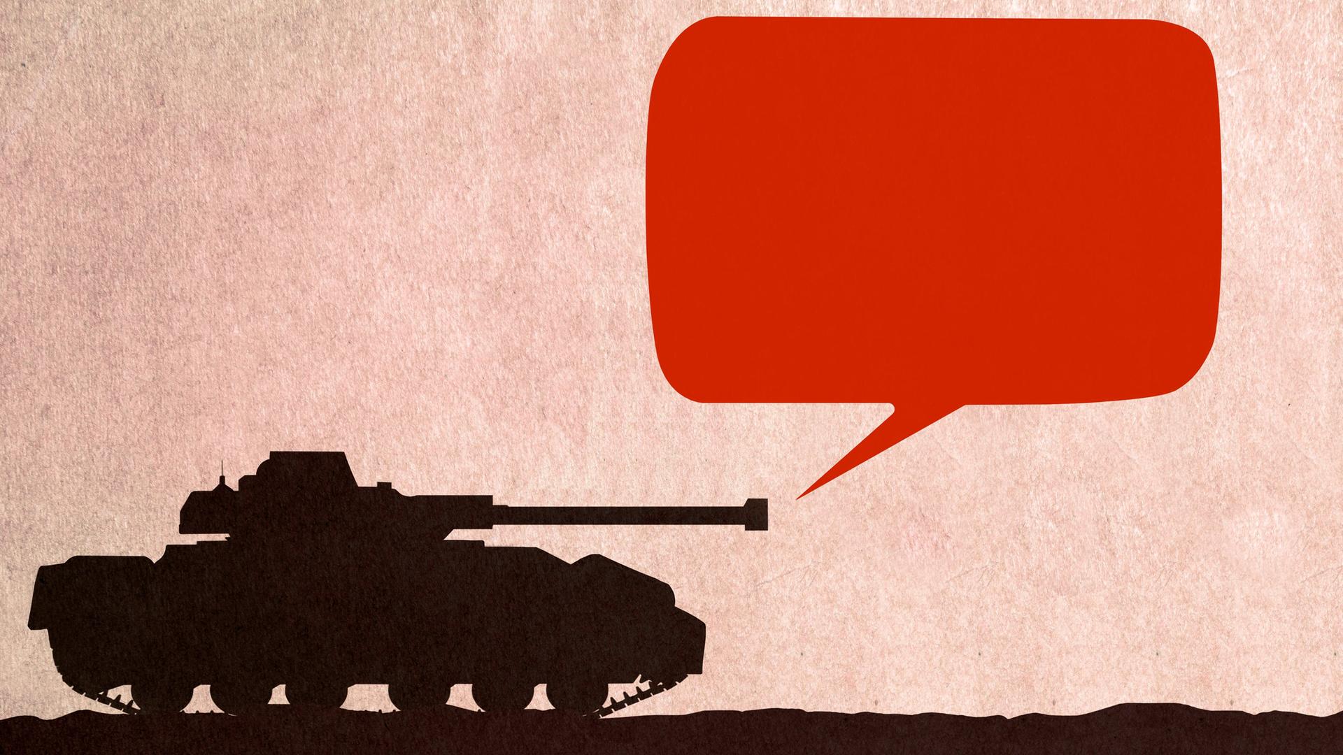 Illustration: Panzer, bei dem es so aussieht, als käme aus dem Panzerrohr eine rote Sprechblase. 