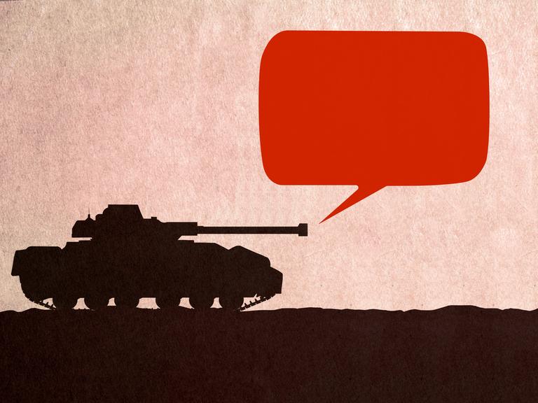Illustration: Panzer, bei dem es so aussieht, als käme aus dem Panzerrohr eine rote Sprechblase. 