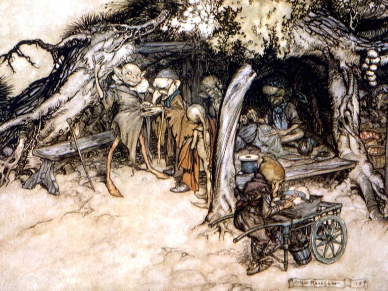 Zeichnung von Elfen, die in einer Baumwurzel leben und Kleider nähen.