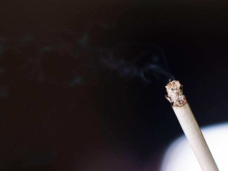 Eine brennende Zigarette mit kleiner Aschenspitze vor dunklem Hintergrund. Das Bild illustriert die Zunahme an Rauchern in Deutschland.