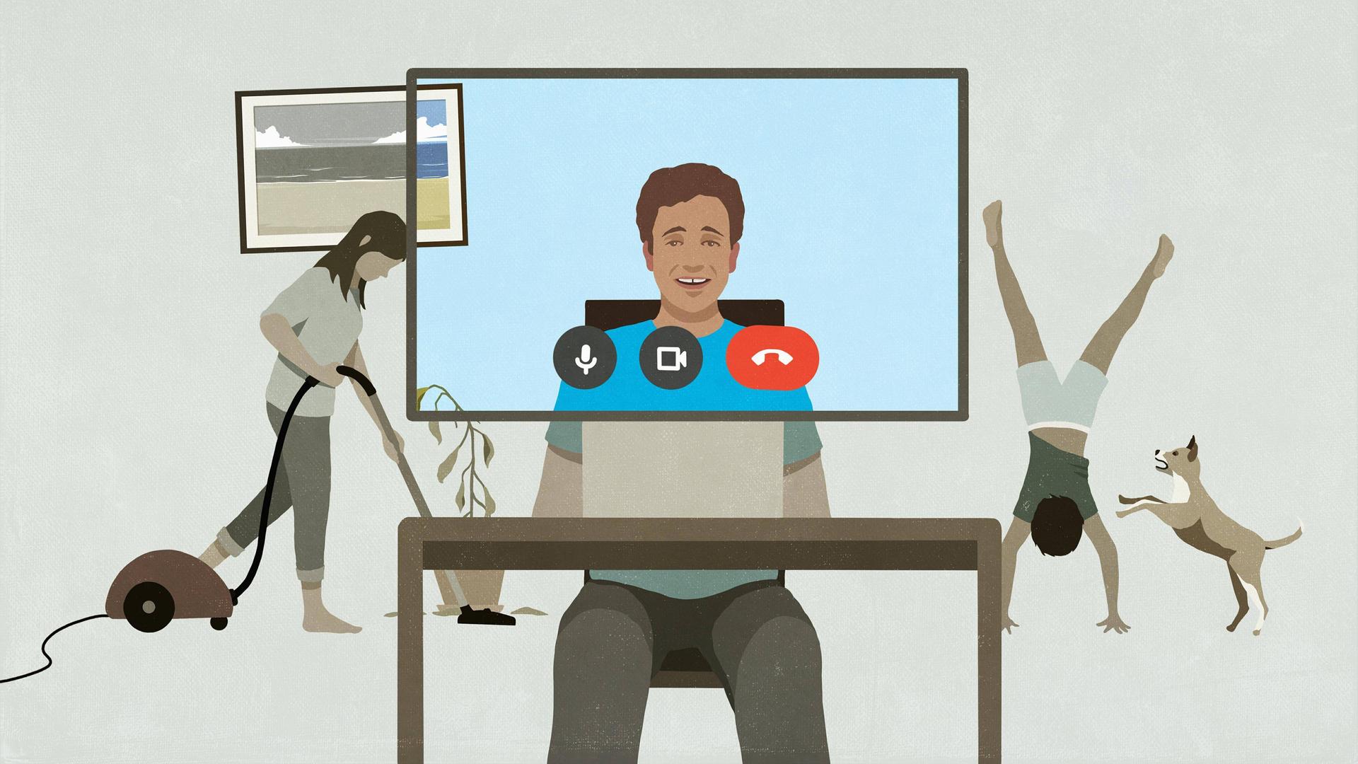 Zeichnung: Eine Person sitzt vor einem Bildschirm in einer Videokonferenz, im Hintergrund wird gesaugt und Kind und Hund spielen.