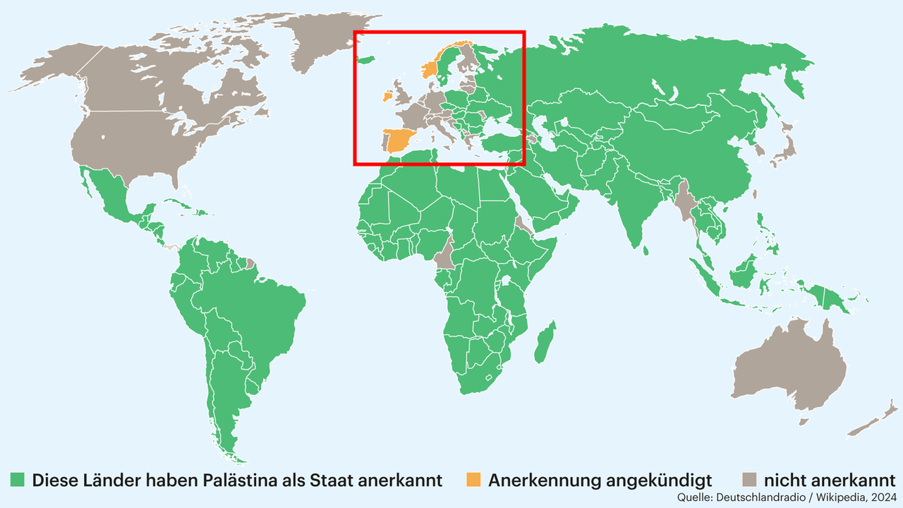 Die Weltkarte zeigt, welche Länder Palästina als Staat anerkennen, welche dieses nicht tun und welche eine Anerkennung angekündigt haben. 