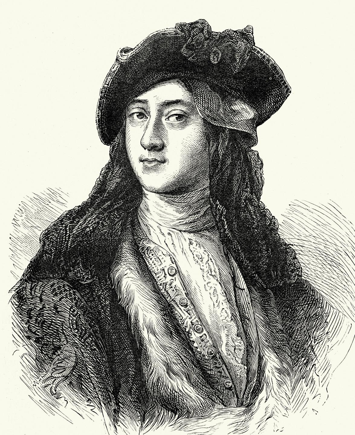 Porträtzeichnung von Horace Walpole in schwarz vor weissem Hintergrund.