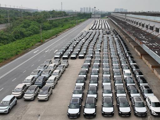 Hunderte neue E-Autos auf einem Fabrikgelände in China aufgereiht.