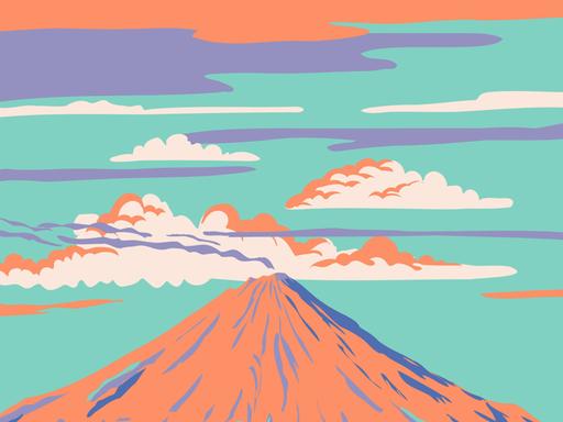 Illustration eines Vulkans in den Farben orange, blau und blaugrün.