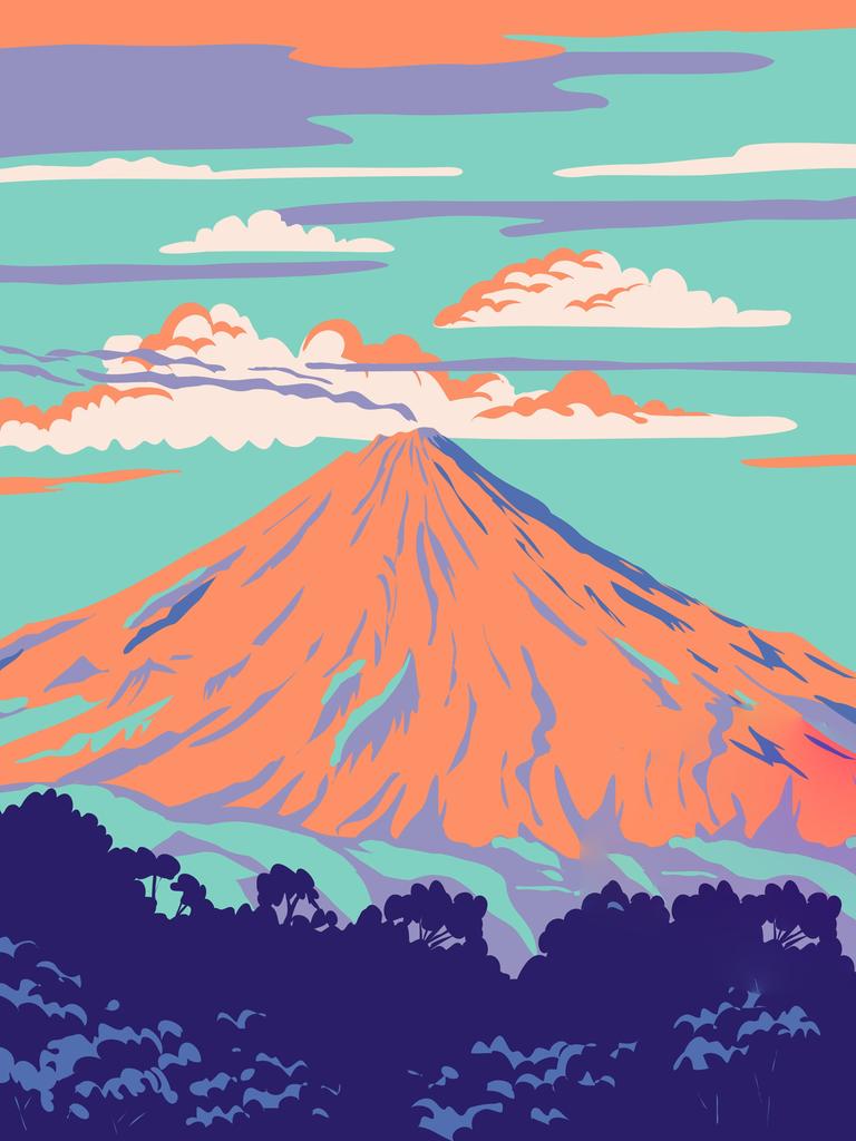 Illustration eines Vulkans in den Farben orange, blau und blaugrün.