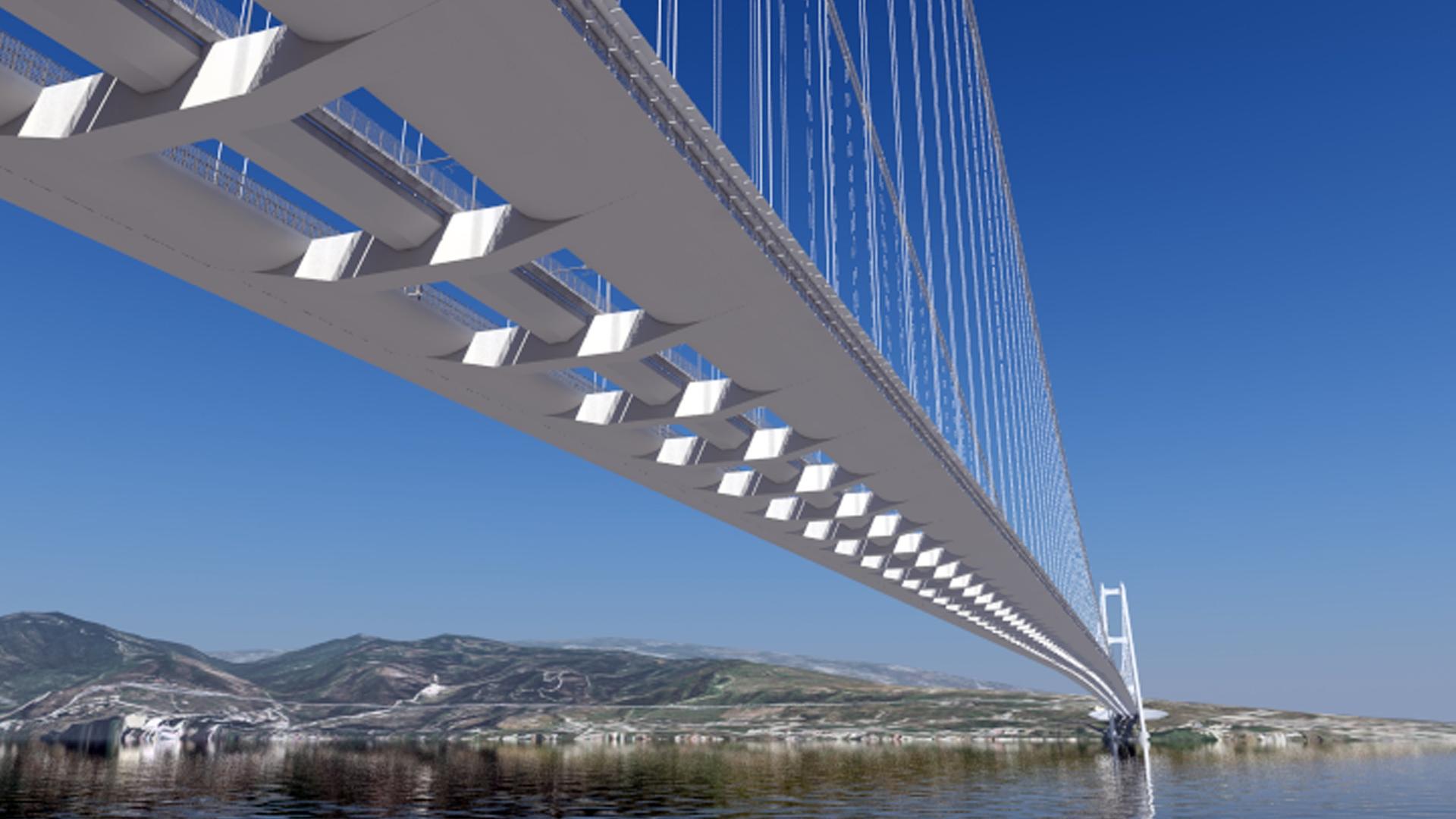 Eine computergenerierte Darstellung zeigt eine große Hängebrücke.