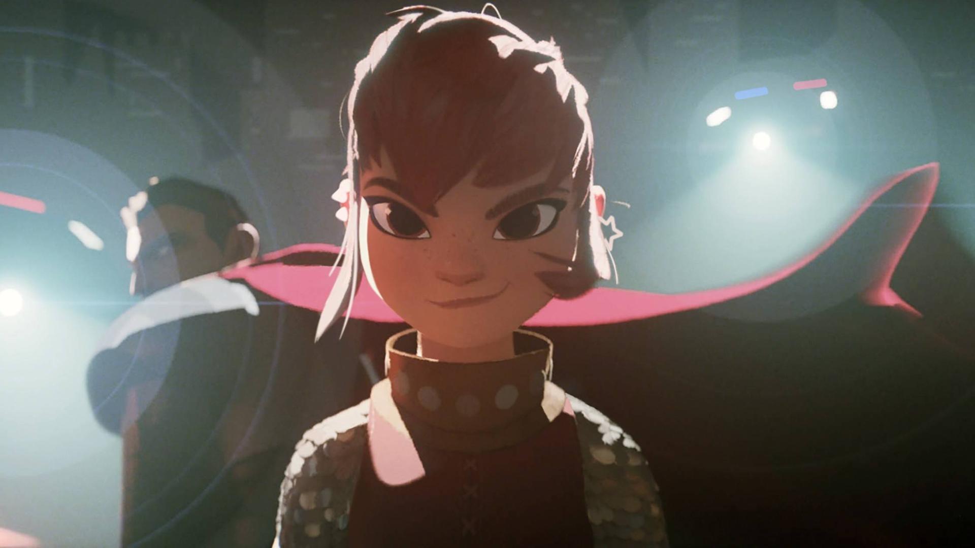 Die rothaarige Hauptfigur aus dem Animationsfilm "Nimona" blickt selbstbewusst in die Kamera.