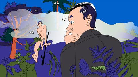 Paradise found? Ein Mann mit Anzug blickt erschrocken in einen wilden Wald, wo ein anderer Mann nackt herumspringt.