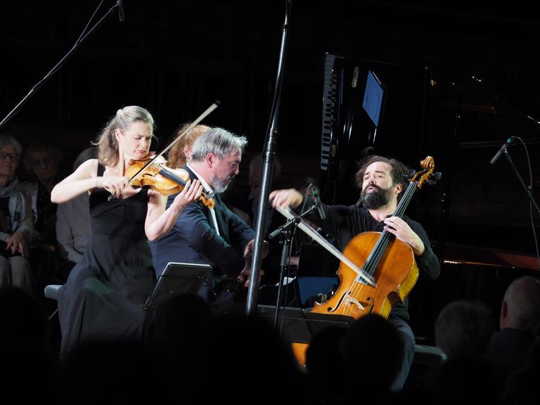 Ein Klaviertrio aus Geigerin, Cellist und Pianist spielt ein Konzert. Die Bühne ist ganz schwarz.