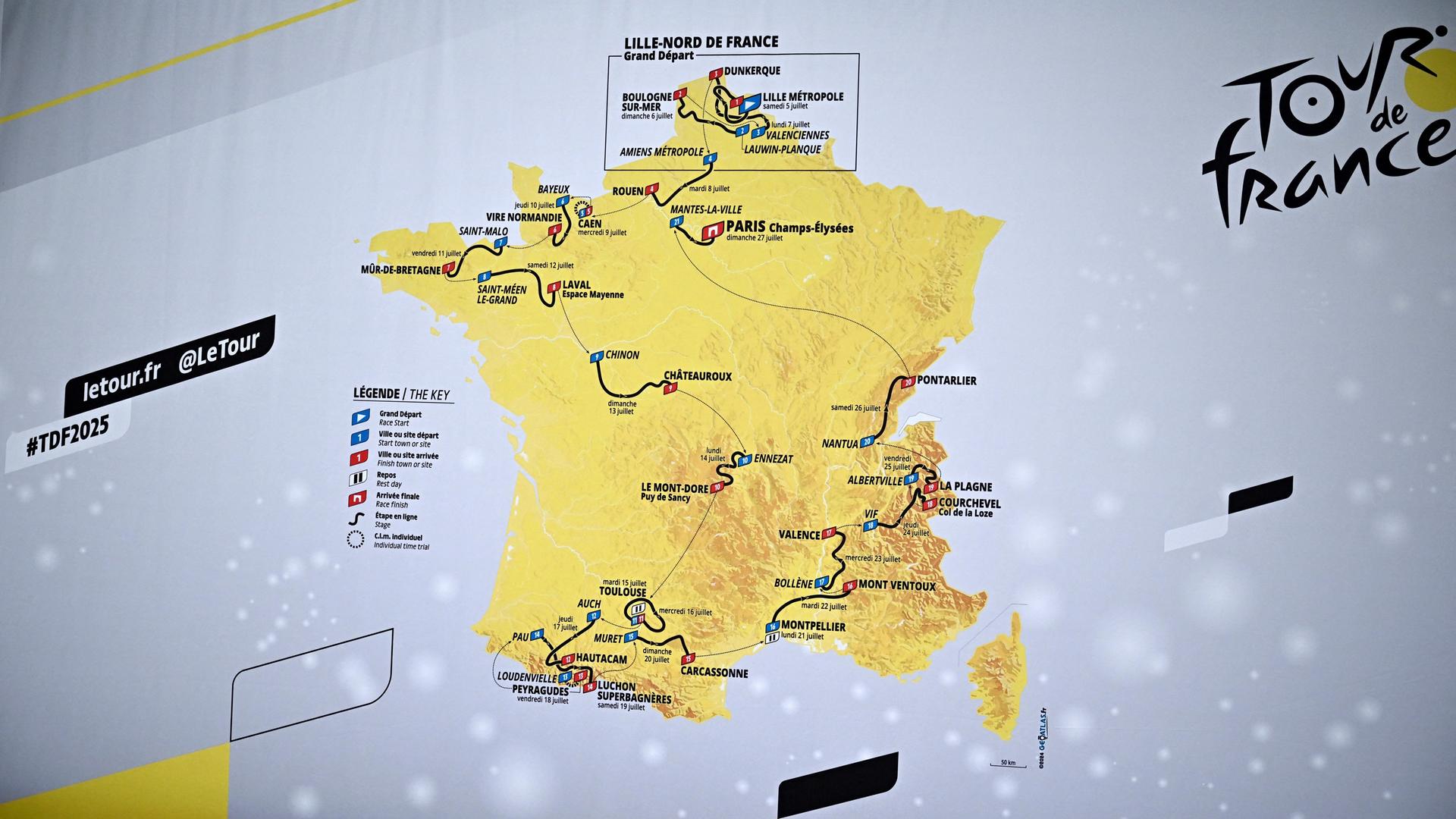 Die offizielle Route der Tour de France 2025 auf einer Karte.