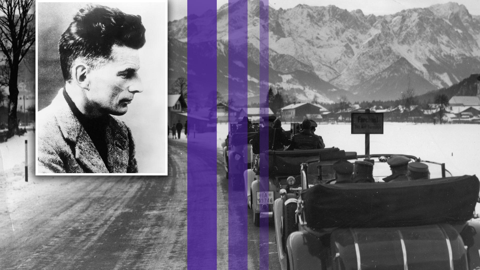 Montage eines Fotos von Samuel Beckett und drei farbiger Streifen über einem Bild der Eröffnung der Olympia-Autostraße von München nach Garmisch-Partenkirchen. Im Bild: das Teilstück kurz vor Garmisch-Partenkirchen. Montage eines Fotos von Samuel Beckett und drei farbiger Streifen über einem Bild der Eröffnung der Olympia-Autostraße von München nach Garmisch-Partenkirchen. Im Bild: das Teilstück kurz vor Garmisch-Partenkirchen.