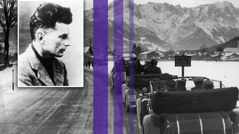 Montage eines Fotos von Samuel Beckett und drei farbiger Streifen über einem Bild der Eröffnung der Olympia-Autostraße von München nach Garmisch-Partenkirchen. Im Bild: das Teilstück kurz vor Garmisch-Partenkirchen.