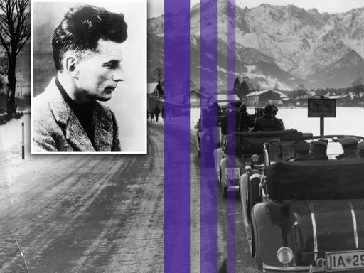 Montage eines Fotos von Samuel Beckett und drei farbiger Streifen über einem Bild der Eröffnung der Olympia-Autostraße von München nach Garmisch-Partenkirchen. Im Bild: das Teilstück kurz vor Garmisch-Partenkirchen.
