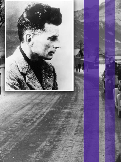 Montage eines Fotos von Samuel Beckett und drei farbiger Streifen über einem Bild der Eröffnung der Olympia-Autostraße von München nach Garmisch-Partenkirchen. Im Bild: das Teilstück kurz vor Garmisch-Partenkirchen. Montage eines Fotos von Samuel Beckett und drei farbiger Streifen über einem Bild der Eröffnung der Olympia-Autostraße von München nach Garmisch-Partenkirchen. Im Bild: das Teilstück kurz vor Garmisch-Partenkirchen.