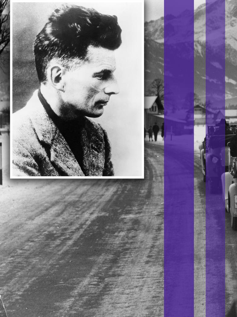Montage eines Fotos von Samuel Beckett und drei farbiger Streifen über einem Bild der Eröffnung der Olympia-Autostraße von München nach Garmisch-Partenkirchen. Im Bild: das Teilstück kurz vor Garmisch-Partenkirchen.