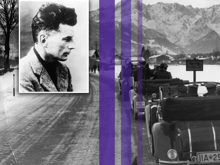 Montage eines Fotos von Samuel Beckett und drei farbiger Streifen über einem Bild der Eröffnung der Olympia-Autostraße von München nach Garmisch-Partenkirchen. Im Bild: das Teilstück kurz vor Garmisch-Partenkirchen. Montage eines Fotos von Samuel Beckett und drei farbiger Streifen über einem Bild der Eröffnung der Olympia-Autostraße von München nach Garmisch-Partenkirchen. Im Bild: das Teilstück kurz vor Garmisch-Partenkirchen.
