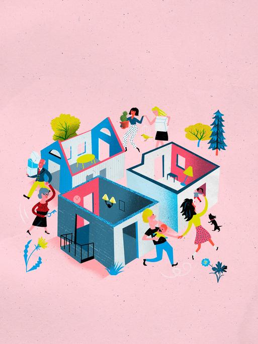 Illustration: Menschen auf dem Wohnungsmarkt, sie laufen von Haus zu Haus.