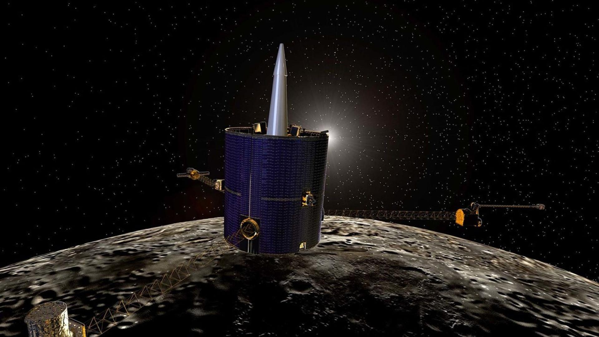 Illustration der Raumsonde Lunar Prospektor über der zerklüfteten Mondoberfläche Illustration der Raumsonde Lunar Prospektor über der zerklüfteten Mondoberfläche