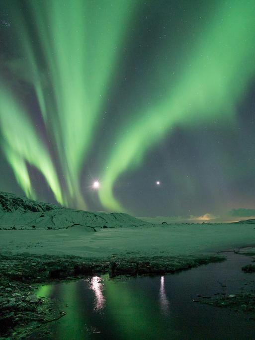 Grünleuchtende Nordlichter über einem bergigen Schneefeld in Island