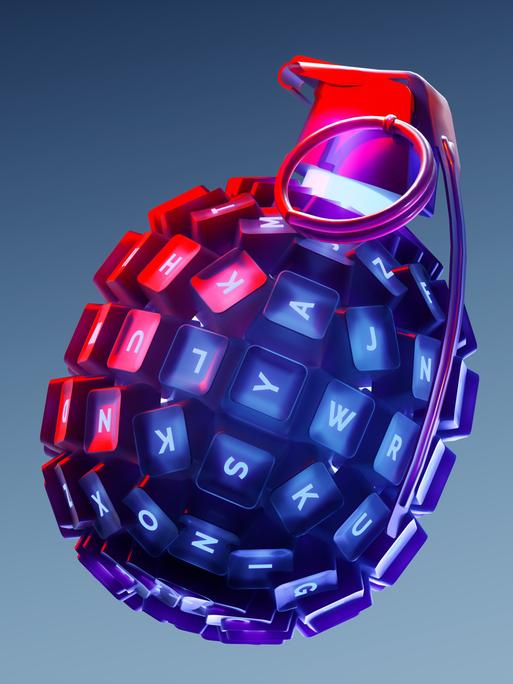 Illustration einer Handgranate, deren einzelne Teile auf Tasten einer Tastatur bestehen, vor blauem Hintergrund.