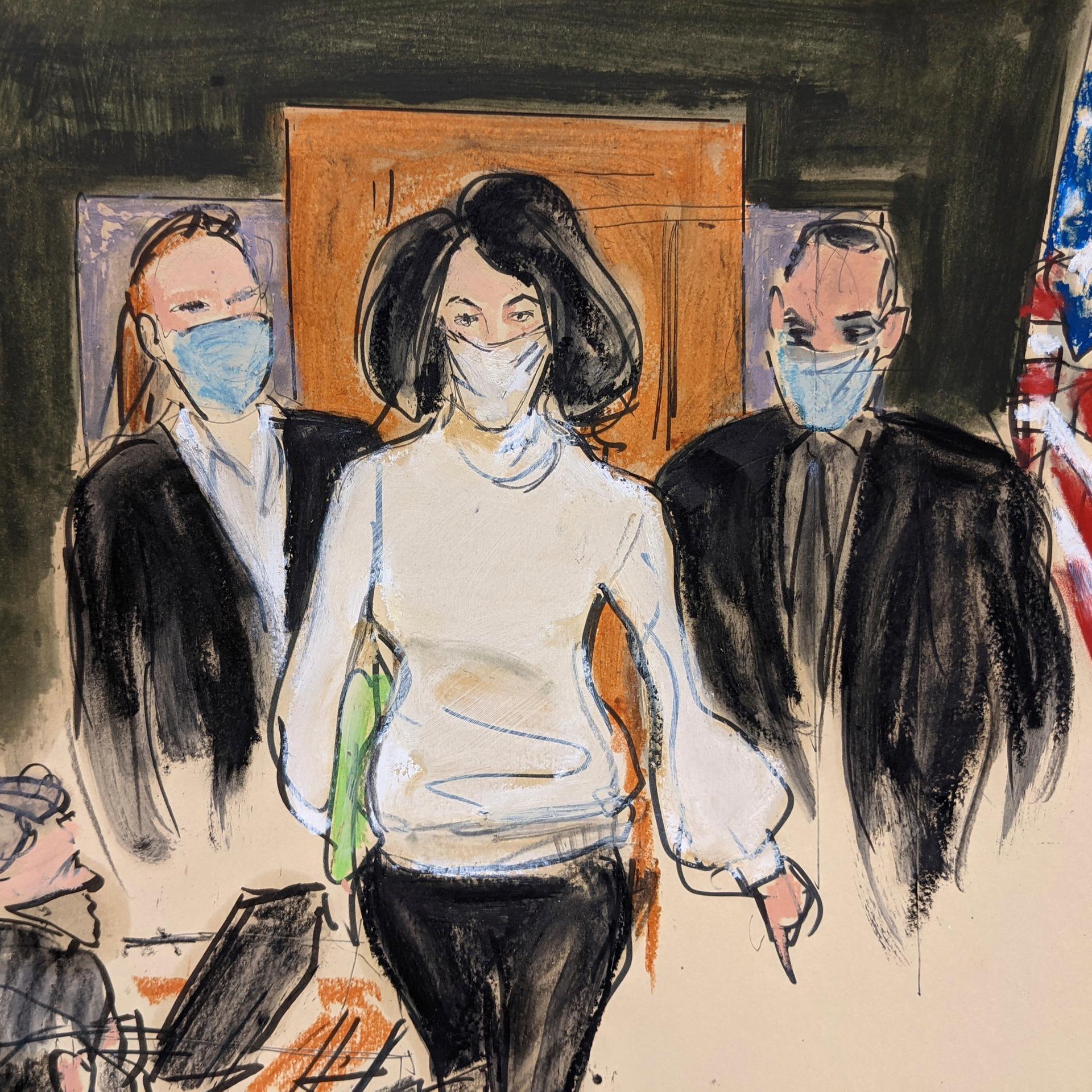 In this courtroom sketch, Ghislaine Maxwell enters the courtroom escorted by U.S. Marshalls at the start of her trial, Monday, Nov. 29, 2021, in New York. Two years after Jeffrey Epstein's suicide behind bars, a jury is set to be picked Monday in New York City to determine a central question in the long-running sex trafficking case: Was his longtime companion, Ghislaine Maxwell, Epstein's puppet or accomplice? (AP Photo/Elizabeth Williams)