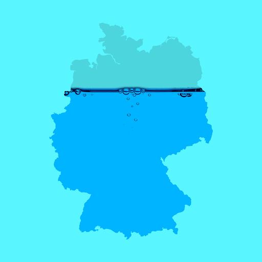 Das Cover zum Podcast "130 Liter - Streit um unser Trinkwasser" zeigt den Umriss von Deutschland, der wie ein Glas zu zwei Dritteln mit Wasser gefüllt ist.