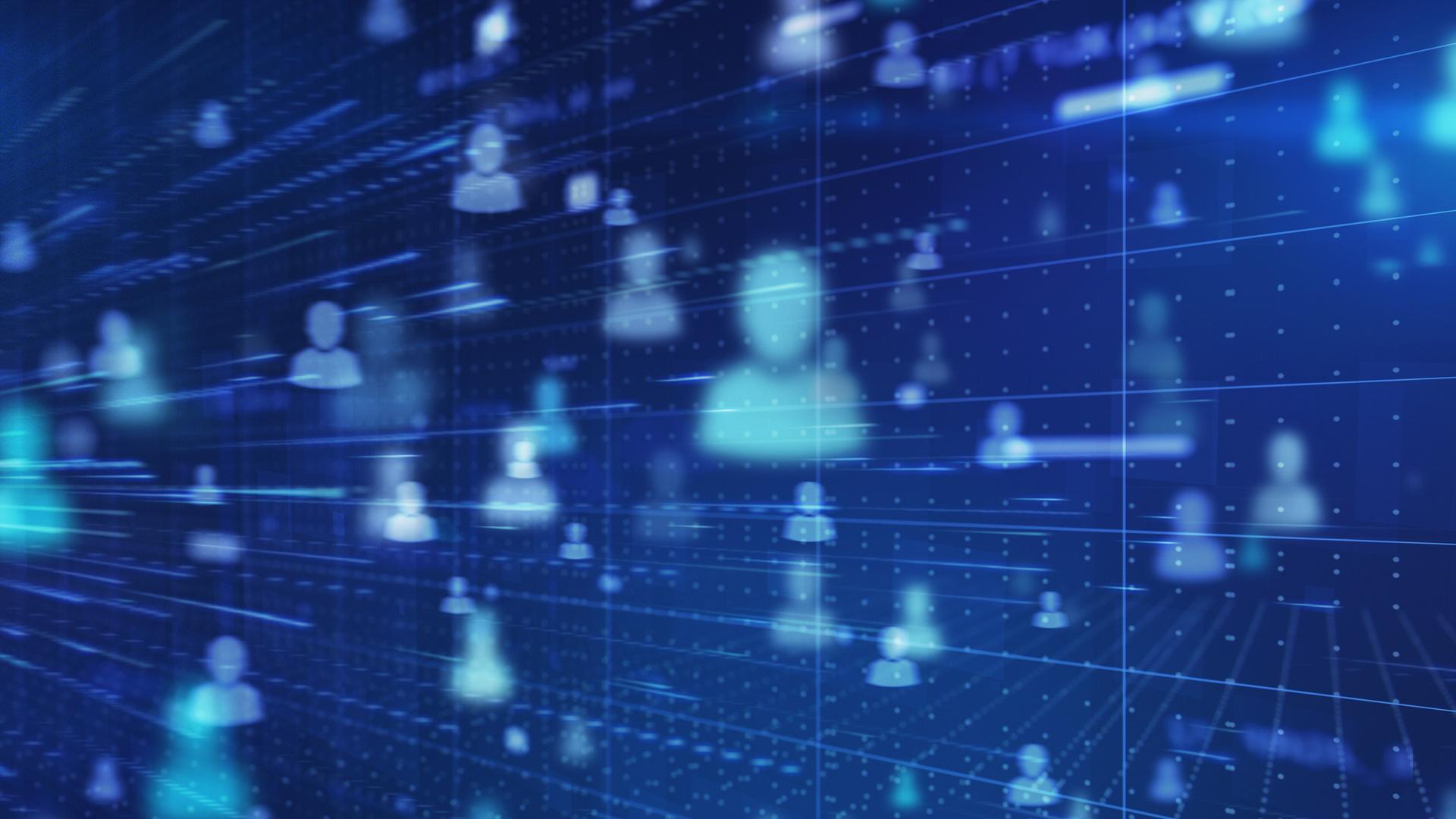 Eine Grafik zeigt Personenicons die in einem Datenstrom verbunden sind und im digitalen Raum verteilt schweben. Eine Grafik zeigt Personenicons die in einem Datenstrom verbunden sind und im digitalen Raum verteilt schweben.