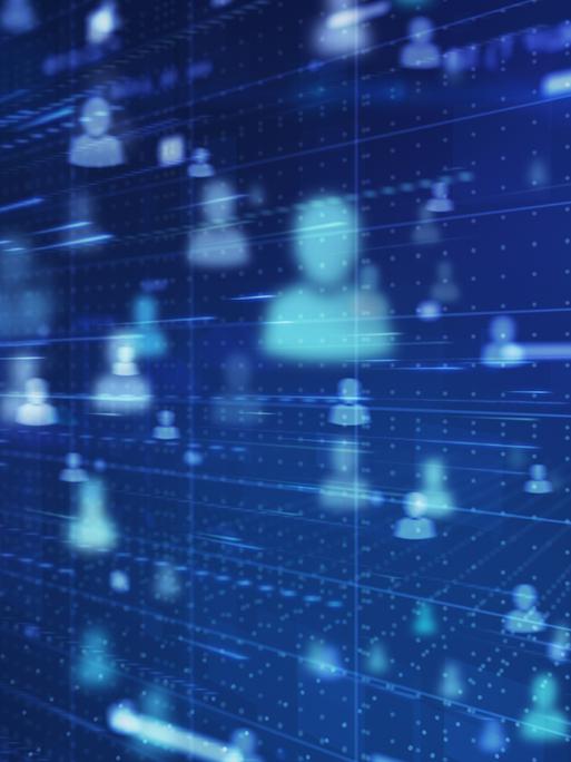 Eine Grafik zeigt Personenicons die in einem Datenstrom verbunden sind und im digitalen Raum verteilt schweben.