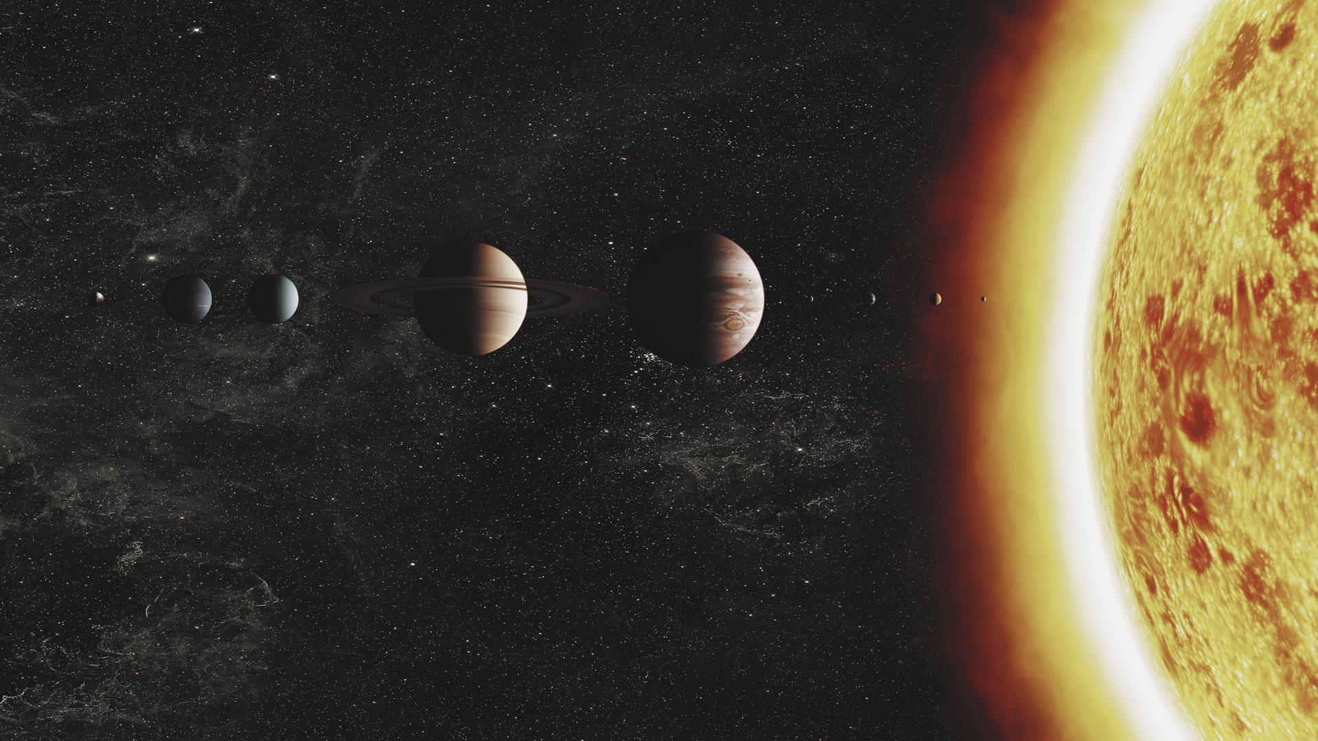 Sonnensystem - es sind mehrere Himmelskörper zu sehen. Elemente dieses Bildes stammen von der NASA.