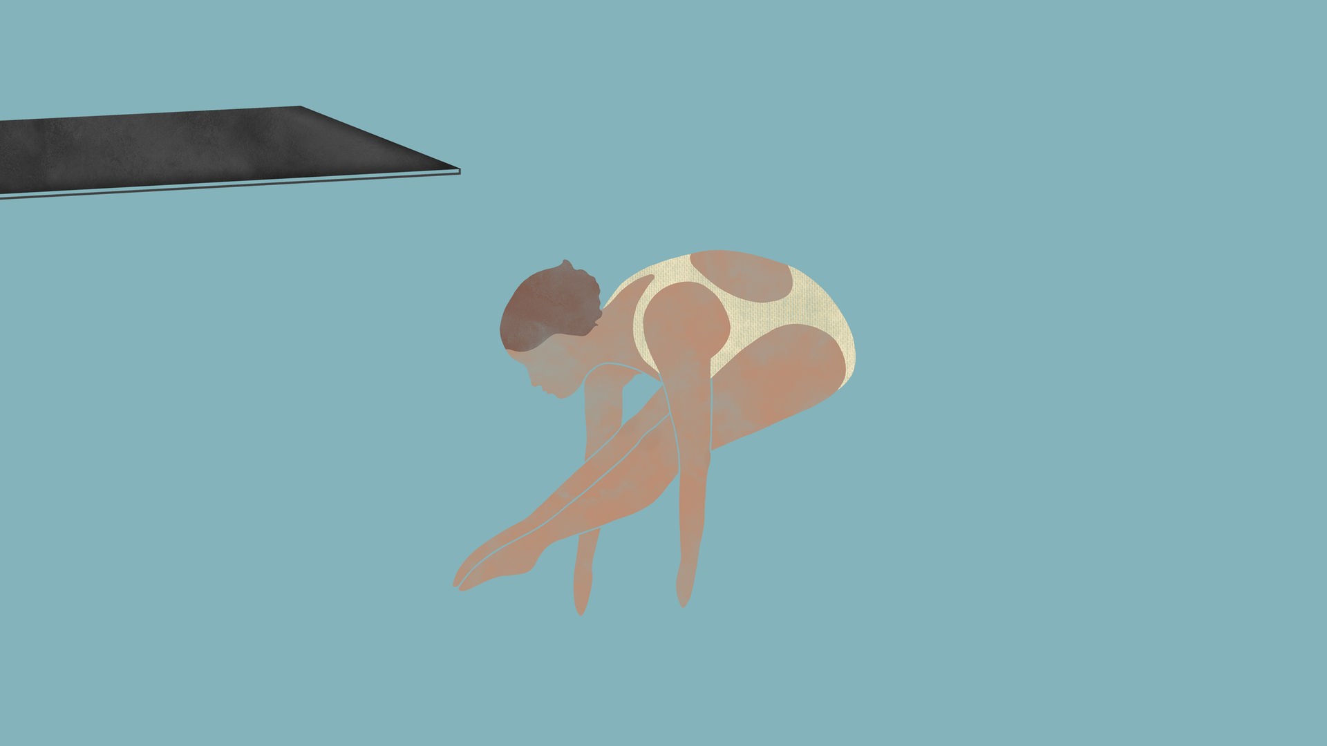Die Turmspringerinnen: Die Zeichnung zur Episode 4 des Podcasts zeigt eine Turmspringerin mit angewinkelten Beinen in der Luft nach dem Absprung vom Brett.