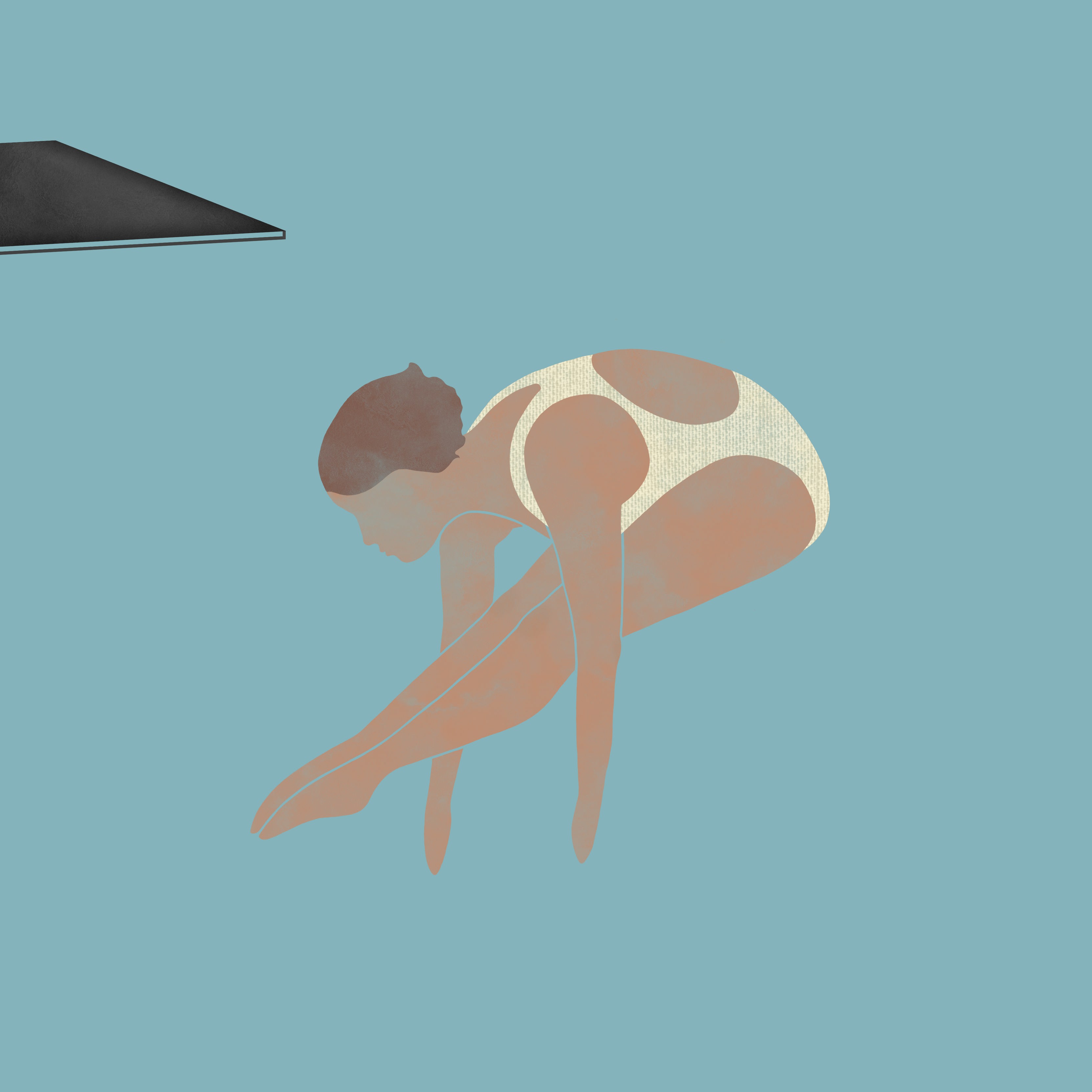 Die Turmspringerinnen: Die Zeichnung zur Episode 4 des Podcasts zeigt eine Turmspringerin mit angewinkelten Beinen in der Luft nach dem Absprung vom Brett.