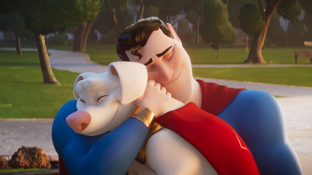 Ein Standbild aus dem Animationsfilm "DC League of Super-Pets": Ein Hund und Superman liegen sich in dem Arm und wirken glücklich. Ein Standbild aus dem Animationsfilm "DC League of Super-Pets": Ein Hund und Superman liegen sich in dem Arm und wirken glücklich.