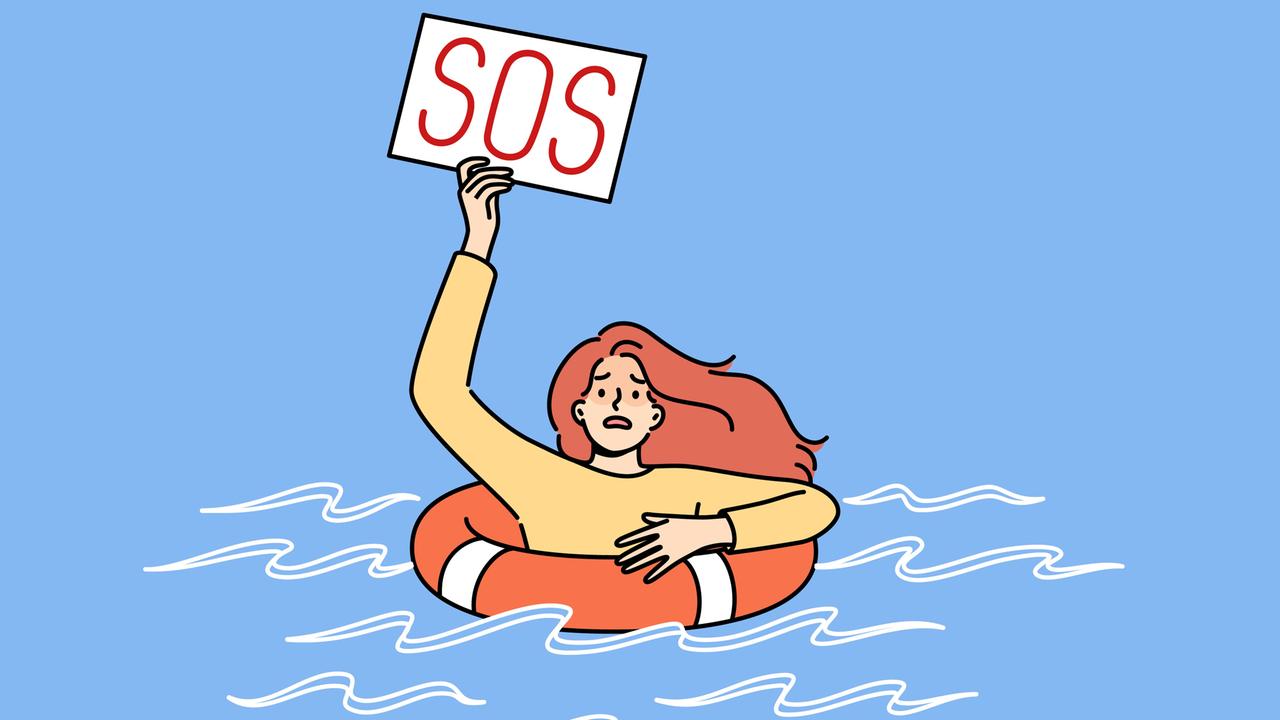 Grafische Dartstellung einer ertrinken Frau. Sie hält ein SoS-Zeichen nach oben und steckt in einem Rettungsring. Grafische Dartstellung einer ertrinken Frau. Sie hält ein SoS-Zeichen nach oben und steckt in einem Rettungsring.