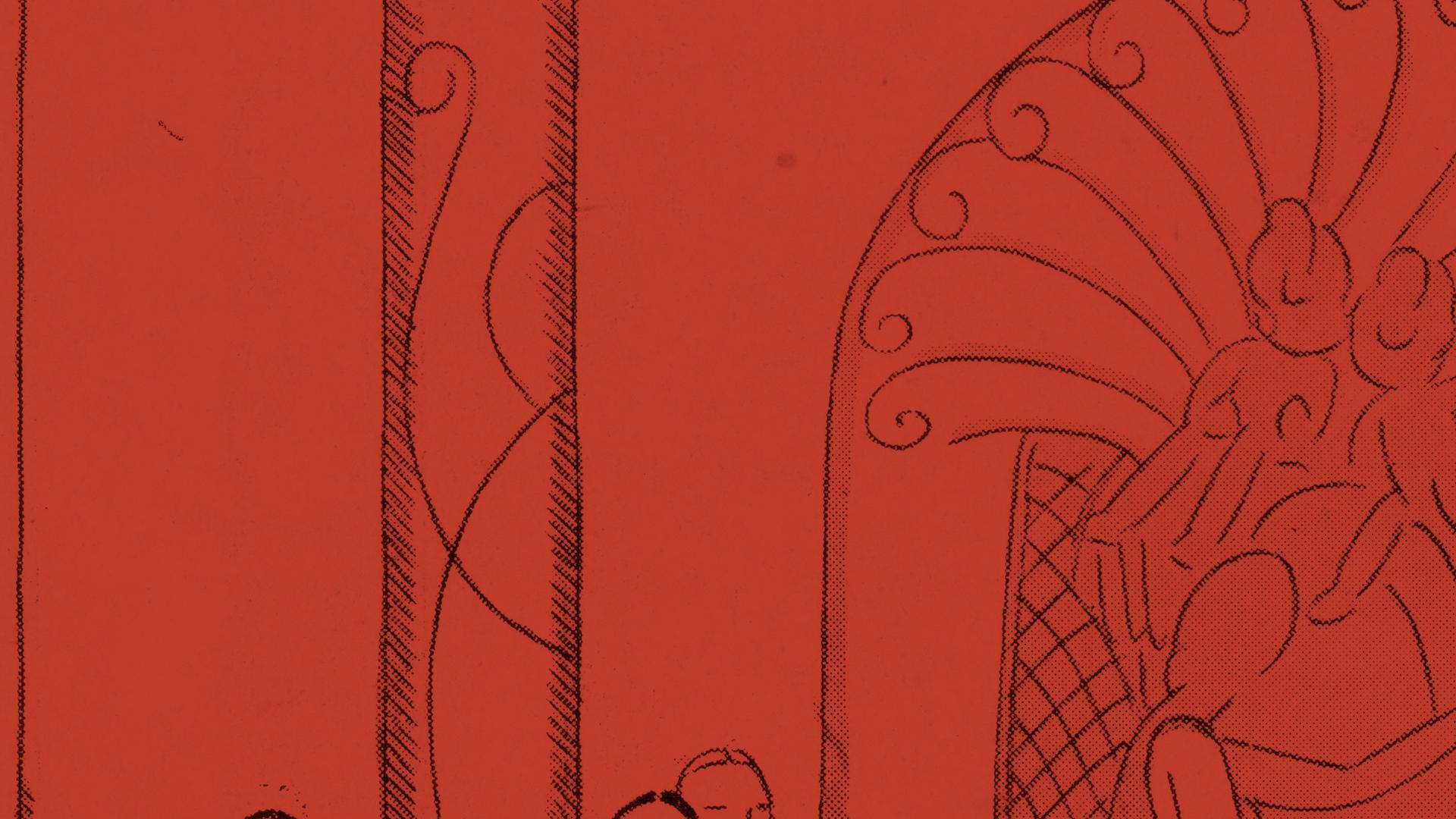 Illustration einer Hotelsituation in schwarz auf rotem Hintergrund. Illustration einer Hotelsituation in schwarz auf rotem Hintergrund.