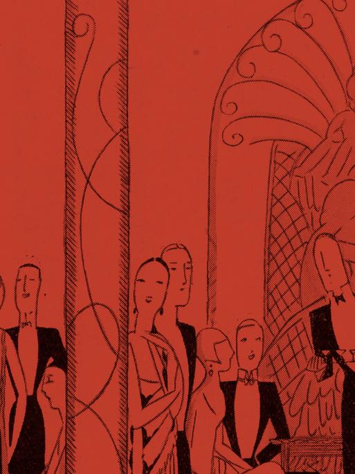 Illustration einer Hotelsituation in schwarz auf rotem Hintergrund. Illustration einer Hotelsituation in schwarz auf rotem Hintergrund.