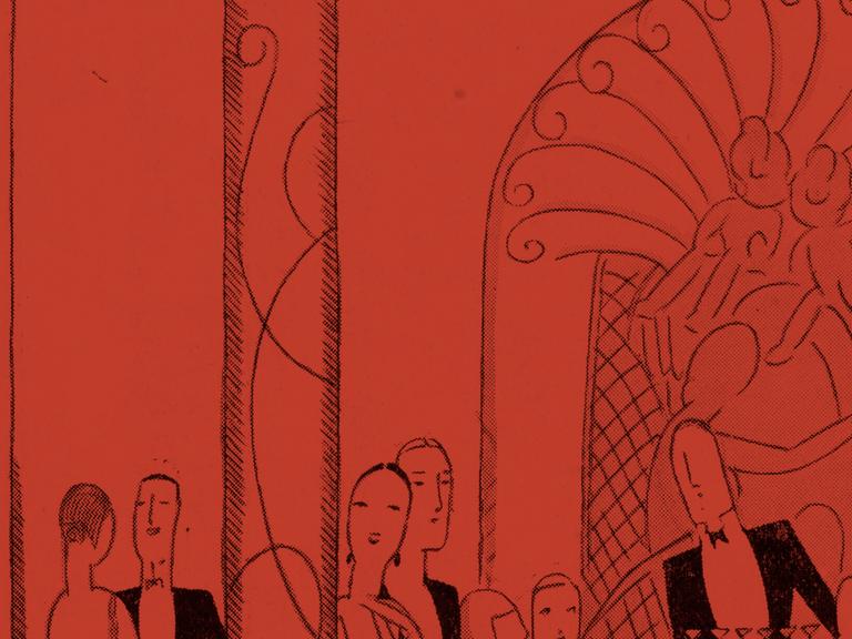 Illustration einer Hotelsituation in schwarz auf rotem Hintergrund. Illustration einer Hotelsituation in schwarz auf rotem Hintergrund.