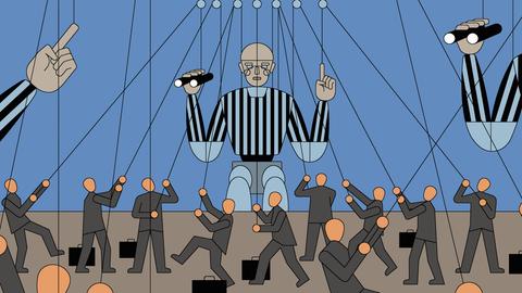 Illustration: Eine sehr große Marionette ist mit vielen kleinen Figuten verbunden. 